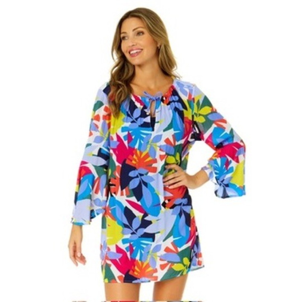 NWT Anne Cole Swim Cover-Up Dress Women Multicolor Tropical Bell Sleeve XS/S $84